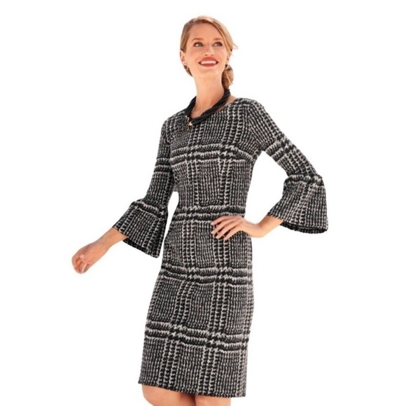 Talbots Glen Plaid Print Bell Sleeve Sheath Dress Gray Black 6 - Picture 1 of 13